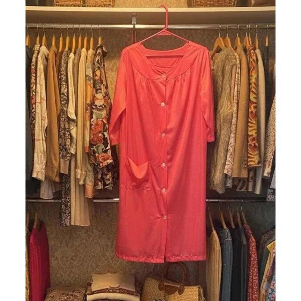 Vintage Coral Pink Robe & Gown Set Button Front 2 Pc USA Pocket L Nylon